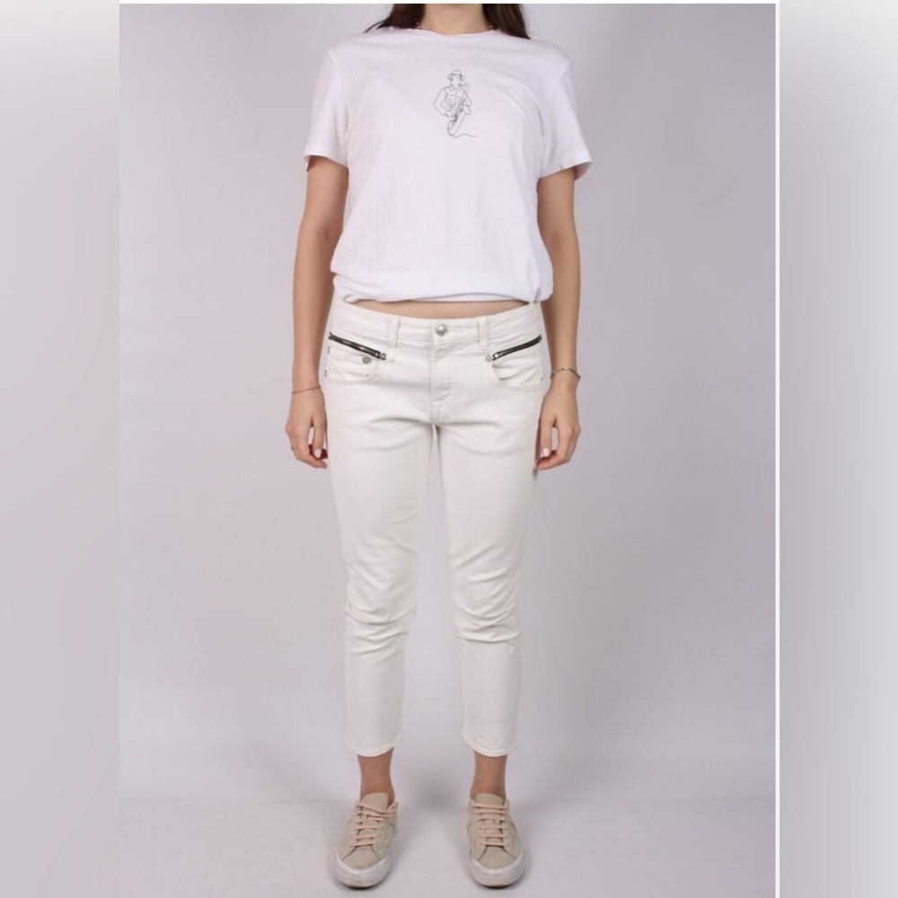 R13 Low-Rise Biker Boy 5 Stretch Trendy Pockets Cropped Designer Jeans White 26